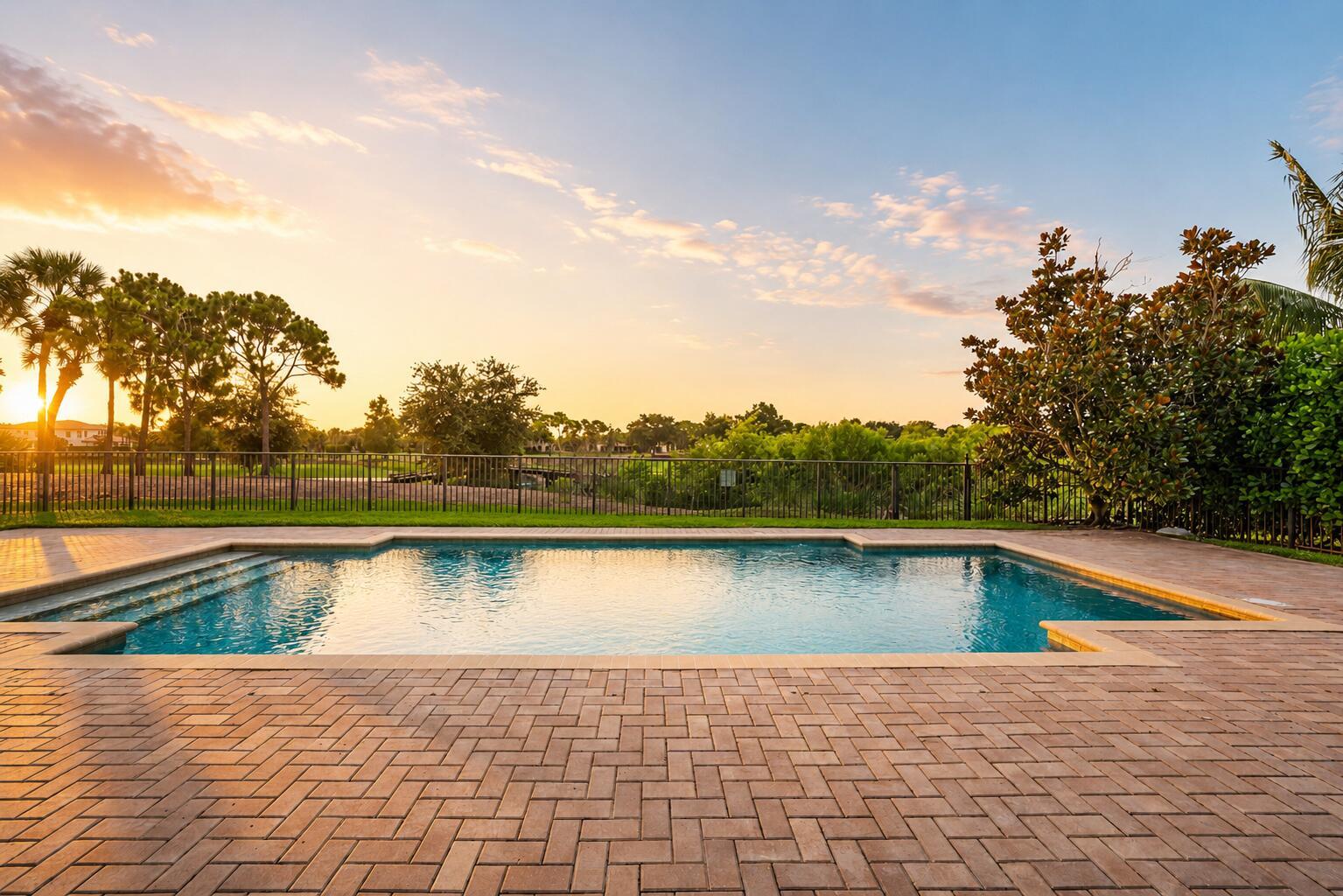 A backyard swimming pool with a brick patio and a metal fence at sunset — 8152 Bradford Way, Parkland FL 33076, PARKLAND, FL