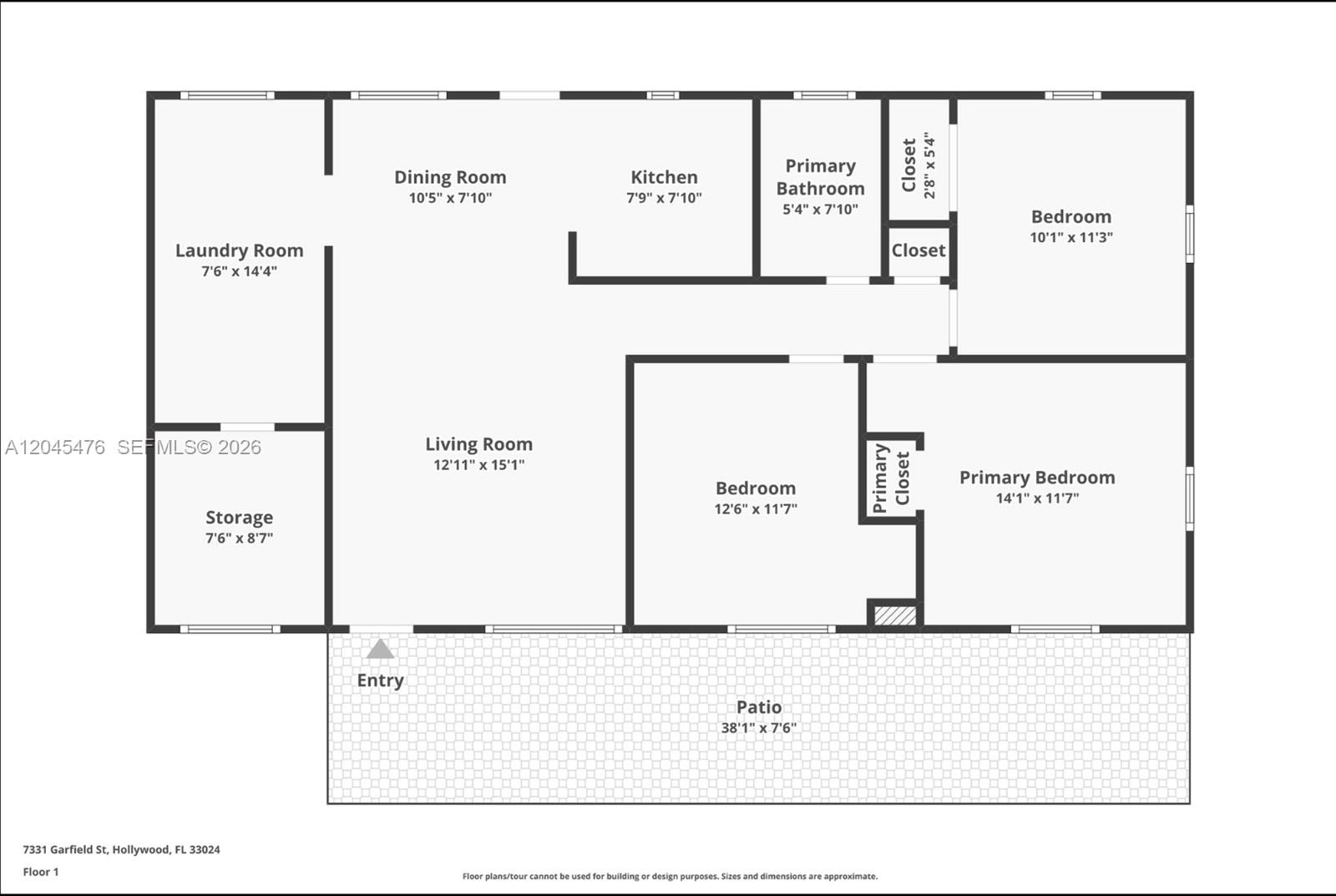 This is a floor plan showing the layout of a house with two bedrooms and a patio — 7331 Garfield St, Hollywood FL 33024, HOLLYWOOD, FL