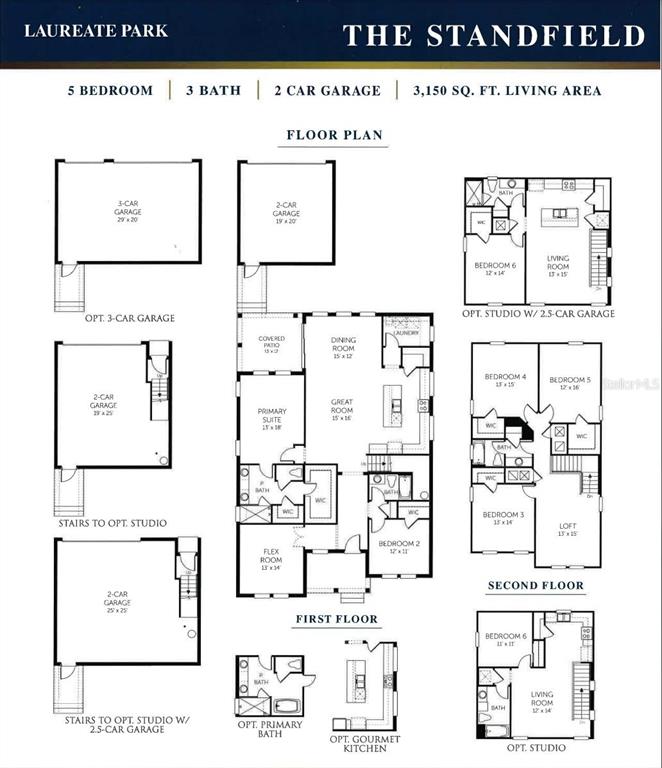 This floor plan illustrates the layout for a five-bedroom, three-bathroom home with optional configurations — 10584 PEARSON AVENUE, ORLANDO, FL
