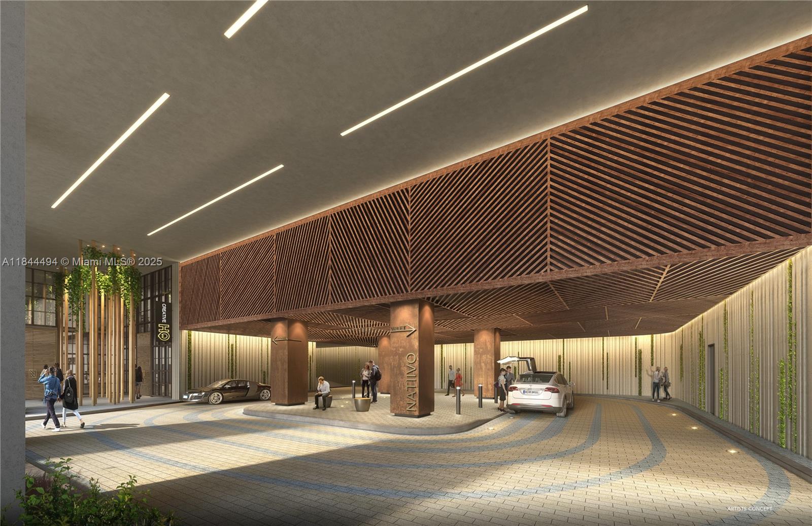 This architectural rendering shows a modern, covered valet drop-off area with wood-slatted ceilings and columns — 601 NE 1st Av # 4402, Miami FL 33132, MIAMI, FL