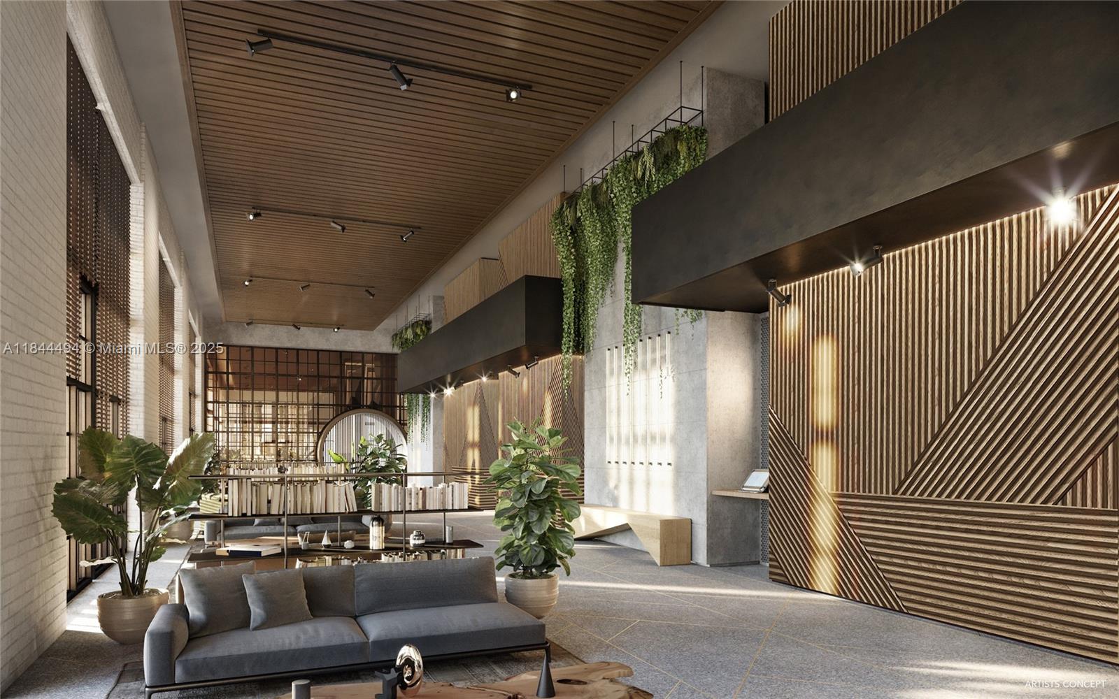 This rendering shows a modern lobby with wood-slatted walls, hanging plants, and a grey sofa — 601 NE 1st Av # 4402, Miami FL 33132, MIAMI, FL