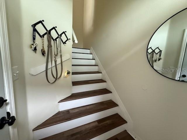 A staircase with dark wood treads and white risers leads upward in an entryway — 8546 GREAT EGRET TRACE, NEW PORT RICHEY, FL