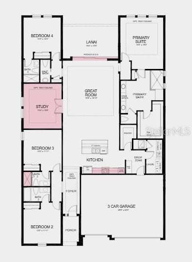 This is a floor plan for a single-story house featuring four bedrooms, a three-car garage, and a lanai — 109 ARMOYAN DRIVE, PALM COAST, FL