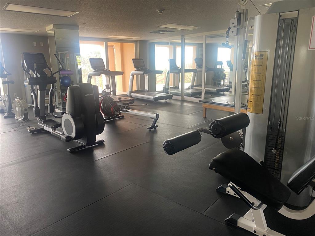 A gym features various cardio machines, weight equipment, and mirrored walls on black rubber flooring — 60 SURFVIEW DRIVE UNIT 121, PALM COAST, FL