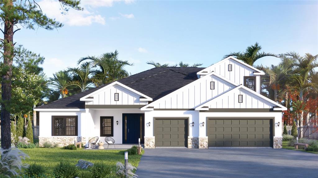 This is a rendering of a single-story house with a three-car garage and white siding — N/A S 475 HIGHWAY, OXFORD, FL