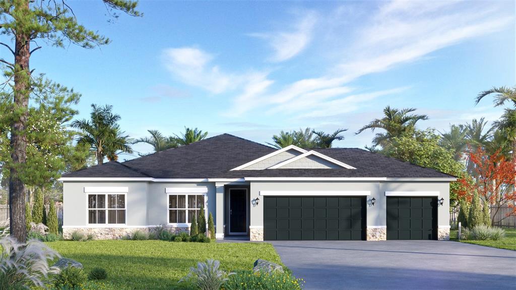 This is a rendering of a one-story house with a three-car garage and stone accents — N/A S 475 HIGHWAY, OXFORD, FL