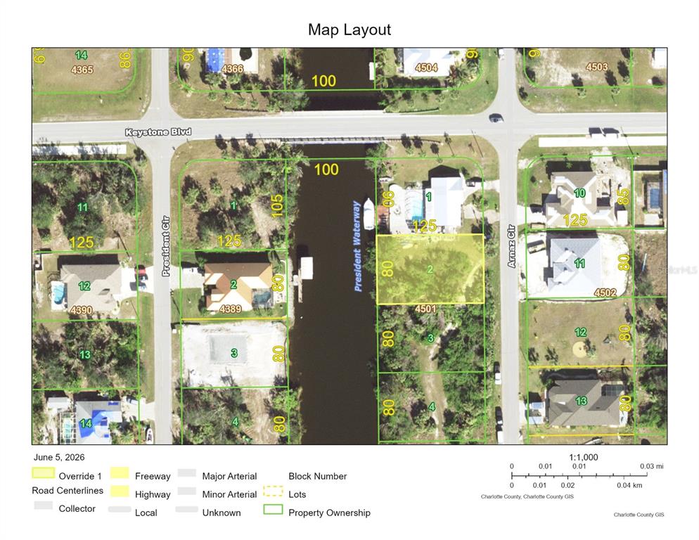 This is a map layout showing residential lots, street names, and a waterway — 9676 ARNAZ CIRCLE, PORT CHARLOTTE, FL