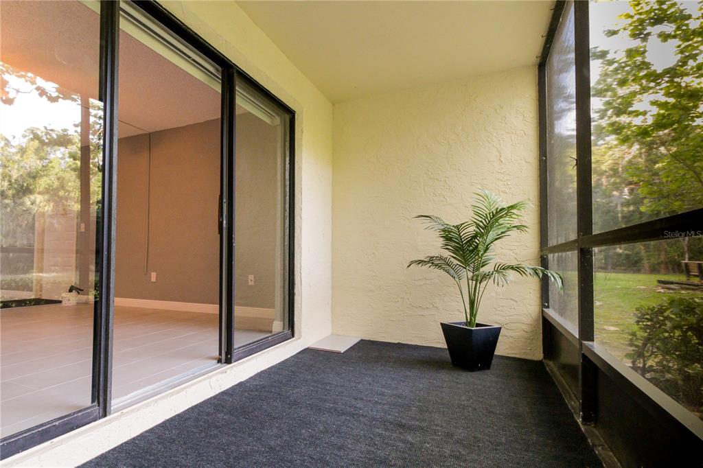A screened-in patio with dark carpeting, a potted plant, and sliding glass doors — 3232 LAKE PINE WAY E UNIT G1, TARPON SPRINGS, FL