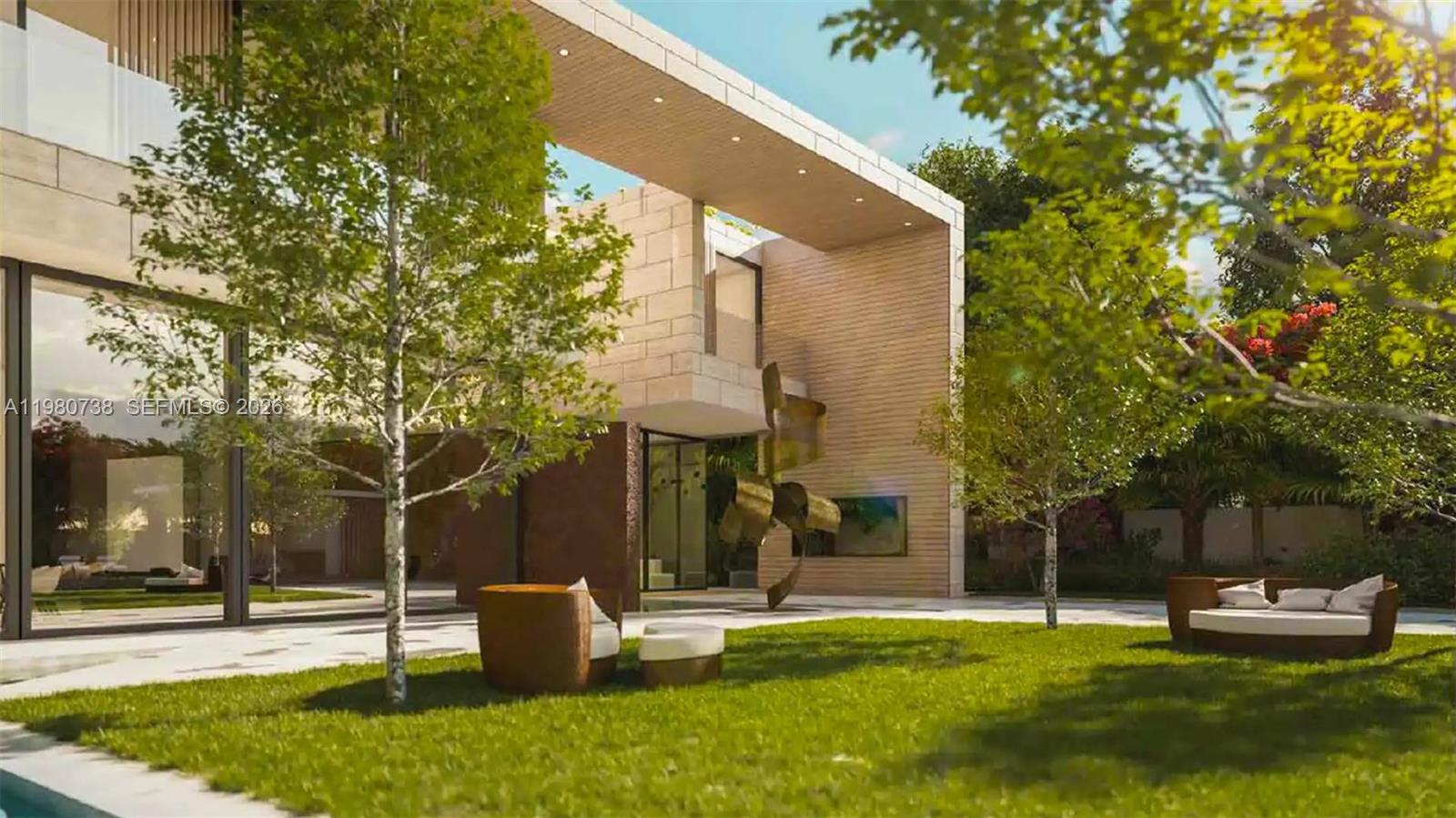 This rendering shows a modern house exterior with a sculpture, patio furniture, and landscaping — 001 Al Barari Boulevard, Dubai, FL
