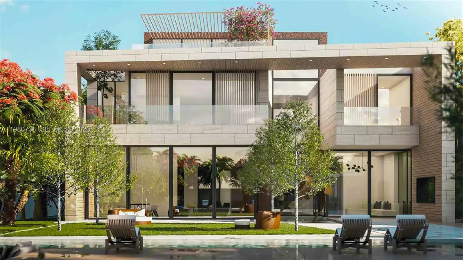 A rendering of a modern two-story house with a pool, lawn, and glass walls — 001 Al Barari Boulevard, Dubai, FL