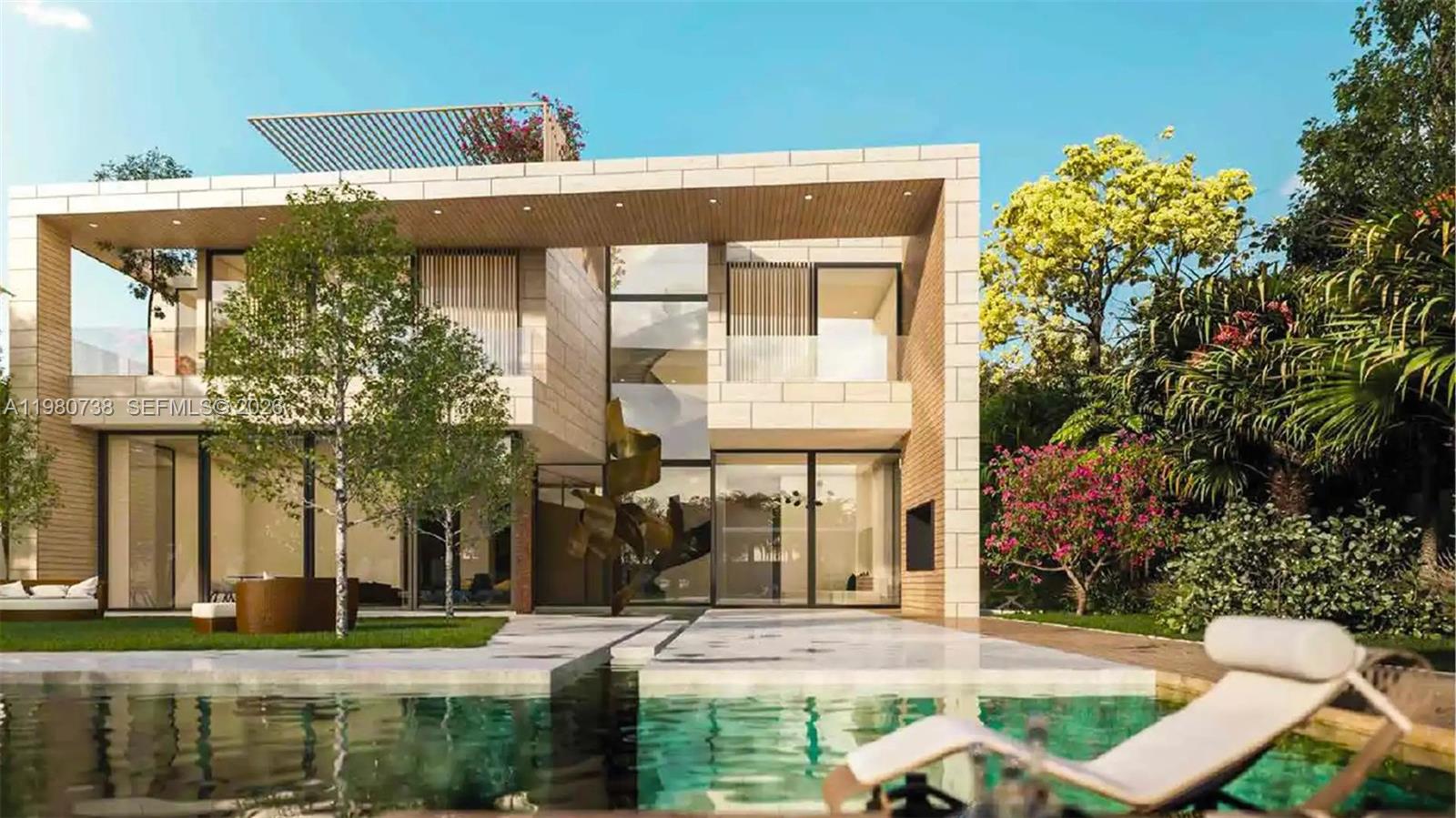 This is a rendering of a modern two-story house with a pool and lush landscaping — 001 Al Barari Boulevard, Dubai, FL
