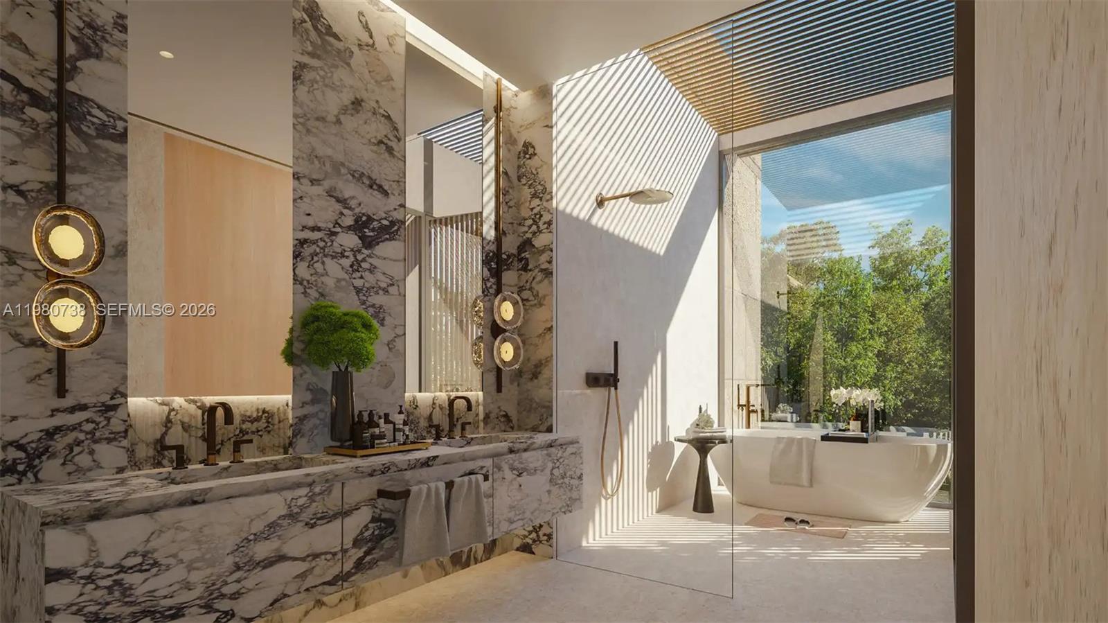 This rendering shows a modern bathroom with marble walls, a soaking tub, and floor-to-ceiling windows — 001 Al Barari Boulevard, Dubai, FL
