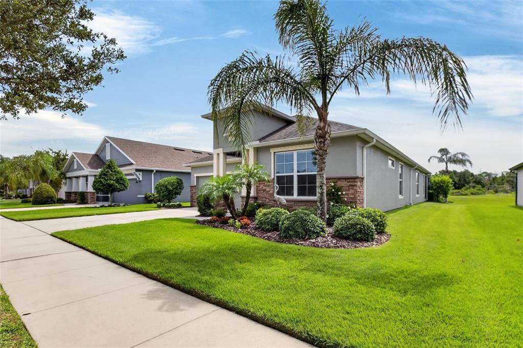 A single-story suburban house with a gray stucco exterior, stone accents, and a palm tree — 13328 PALMERA VISTA DRIVE, RIVERVIEW, FL