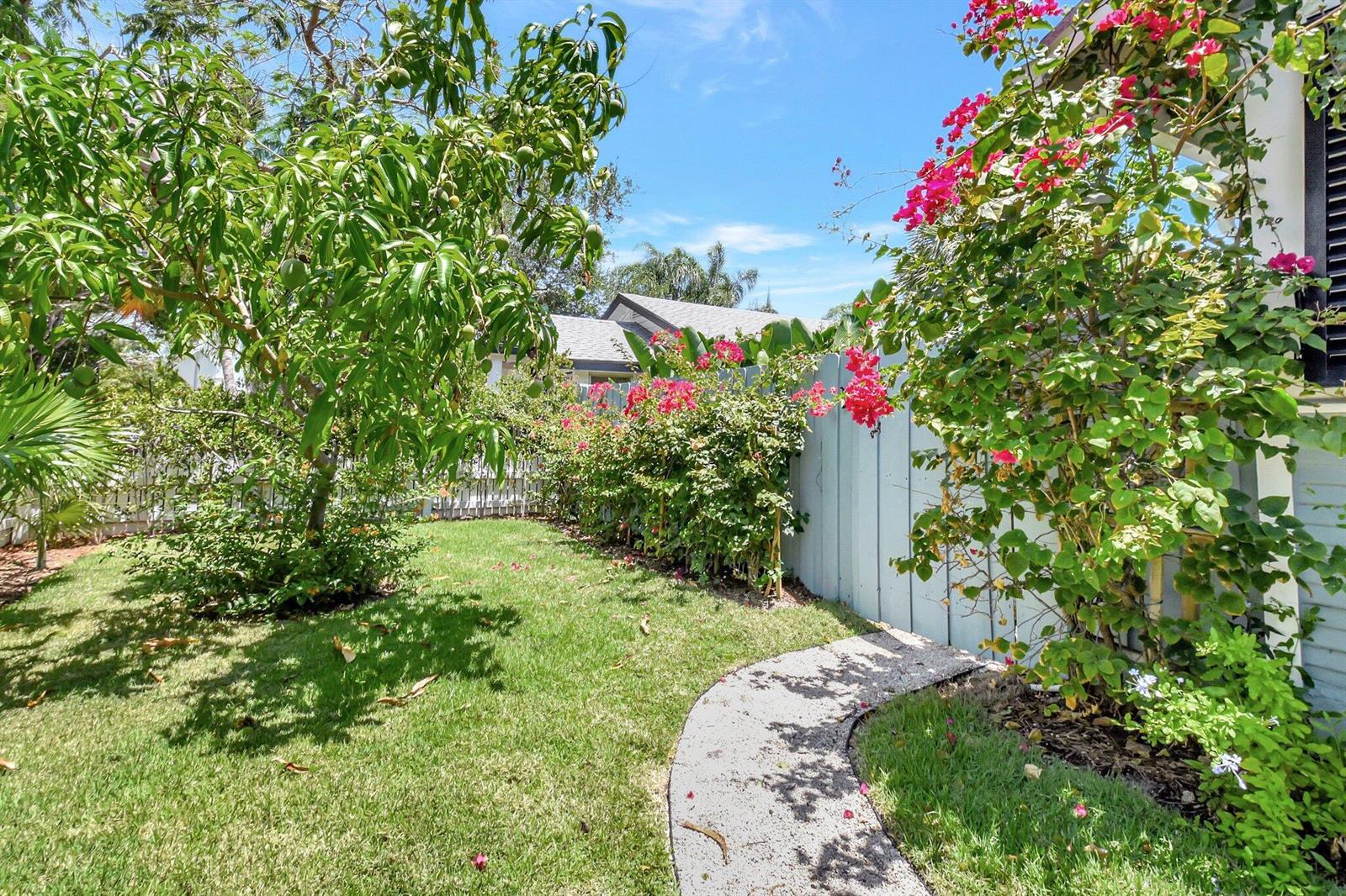 A grassy backyard features a curved stone path, a wooden fence, and flowering bougainvillea bushes — 220 S L Street, FL 33460, FL