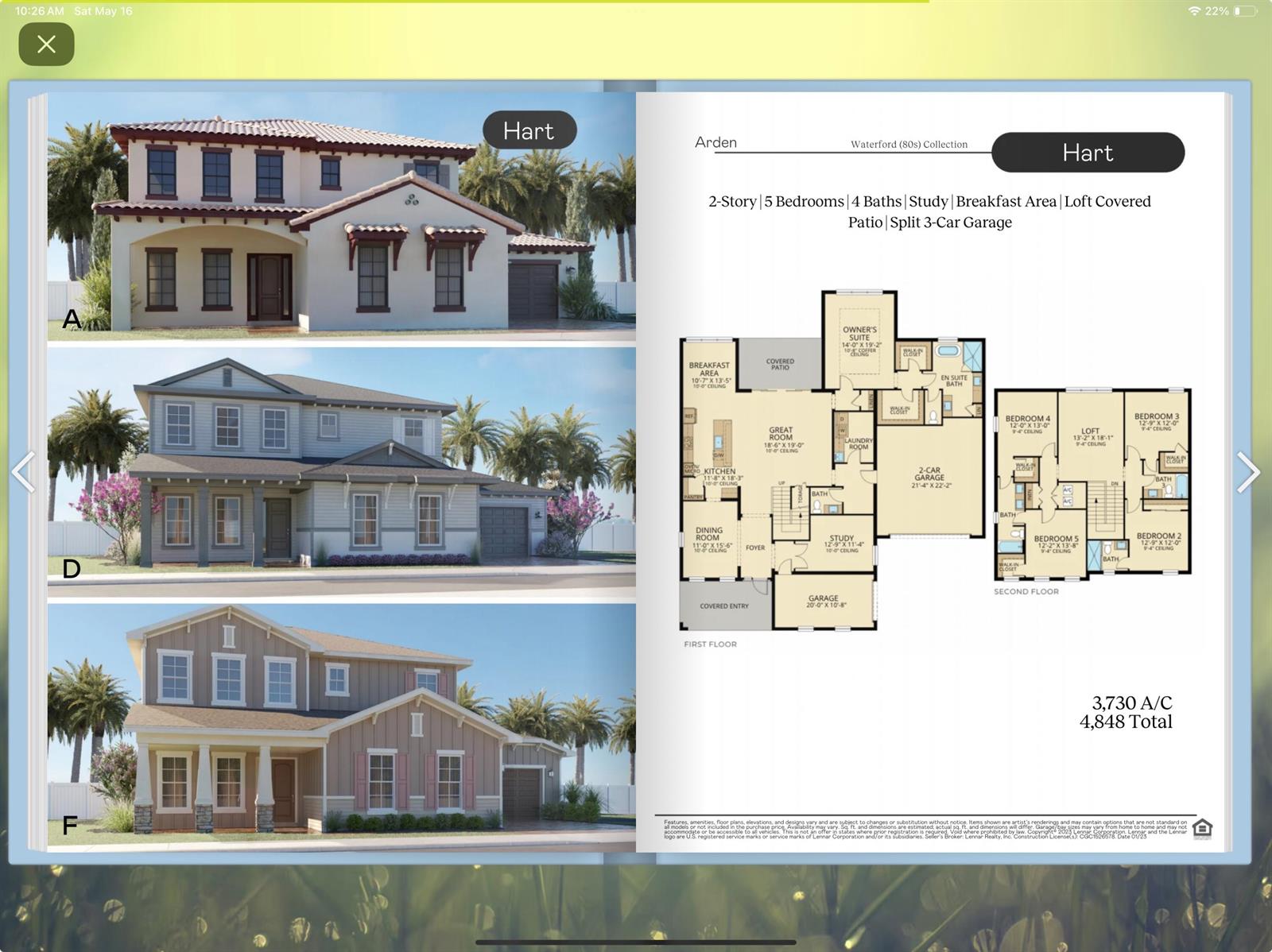 This image shows three exterior renderings and a two-story floor plan for a residential home — 18974 Tackle Box Trail, Loxahatchee FL 33470, LOXAHATCHEE, FL