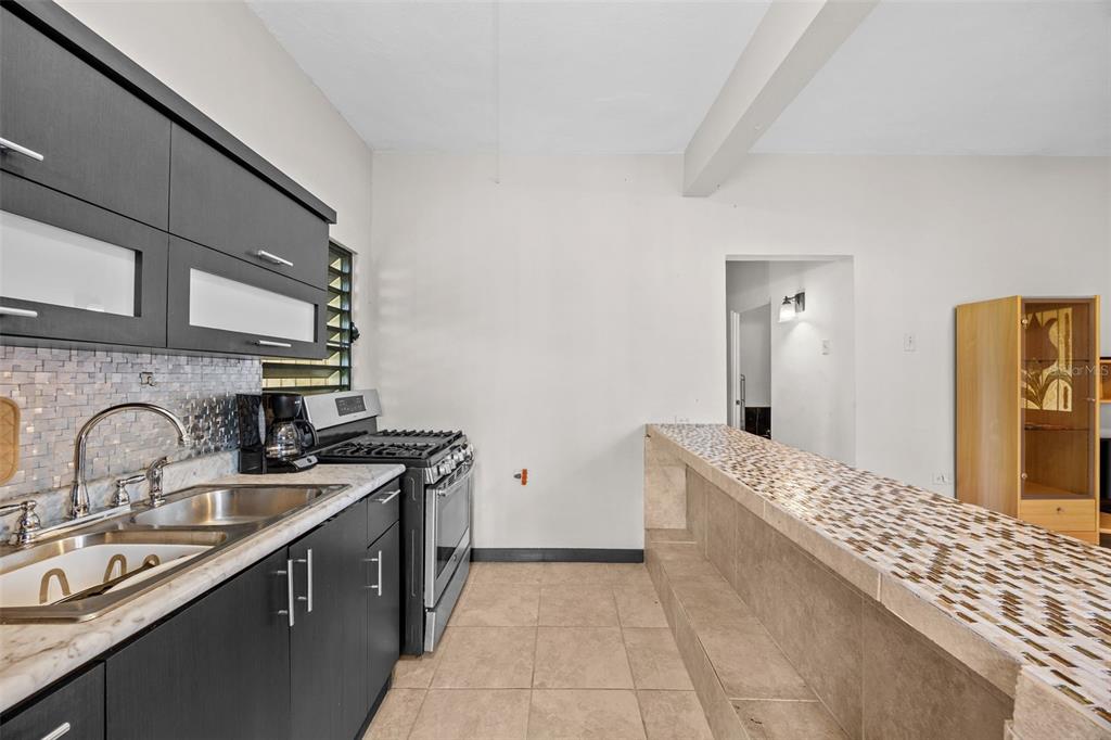 A kitchen features dark cabinets, a tiled backsplash, a stainless steel stove, and a breakfast bar — BO Rio Hondo SOLAR 6, PR, PUERTO RICO,00680, MAYAGUEZ, PR