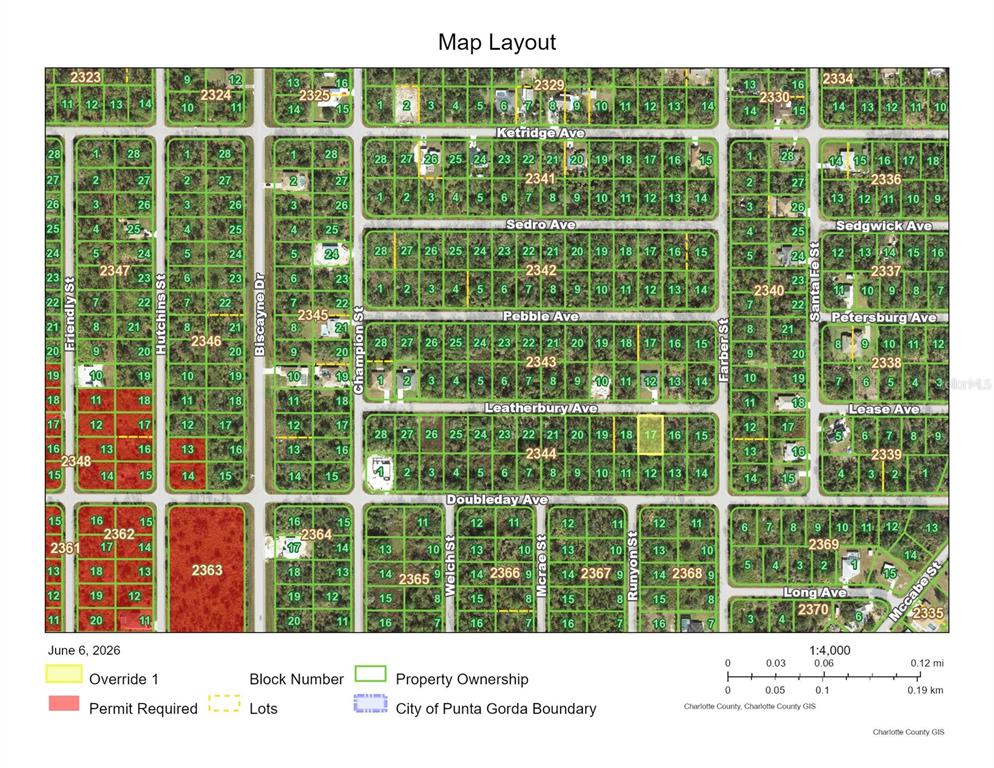 This is a map layout showing property ownership, block numbers, and lots in a neighborhood — 13397 LEATHERBURY AVENUE, PORT CHARLOTTE, FL