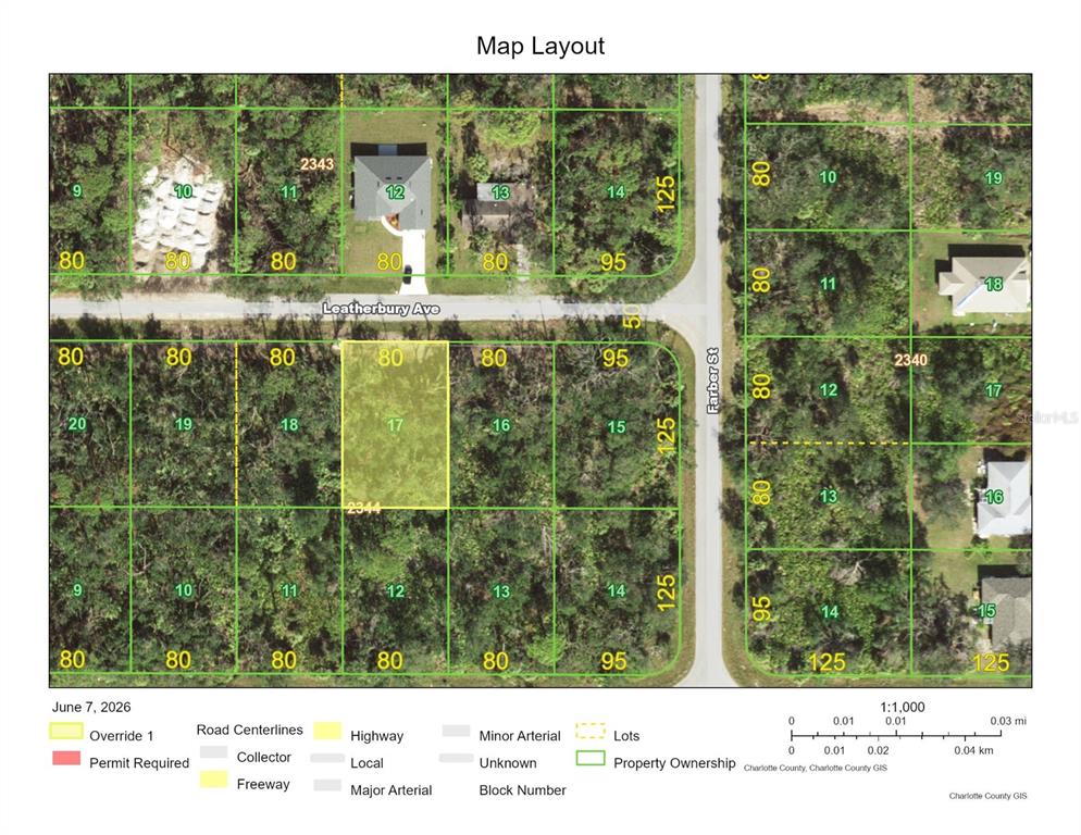 This is a map layout showing property lot lines, road names, and parcel numbers — 13397 LEATHERBURY AVENUE, PORT CHARLOTTE, FL