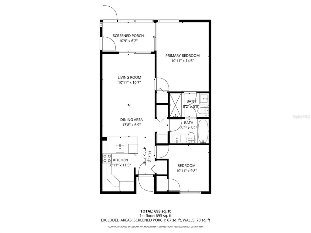 This is a floor plan of a one-story residential unit with two bedrooms and two bathrooms — 6924 STONES THROW CIRCLE N UNIT 8103, ST PETERSBURG, FL