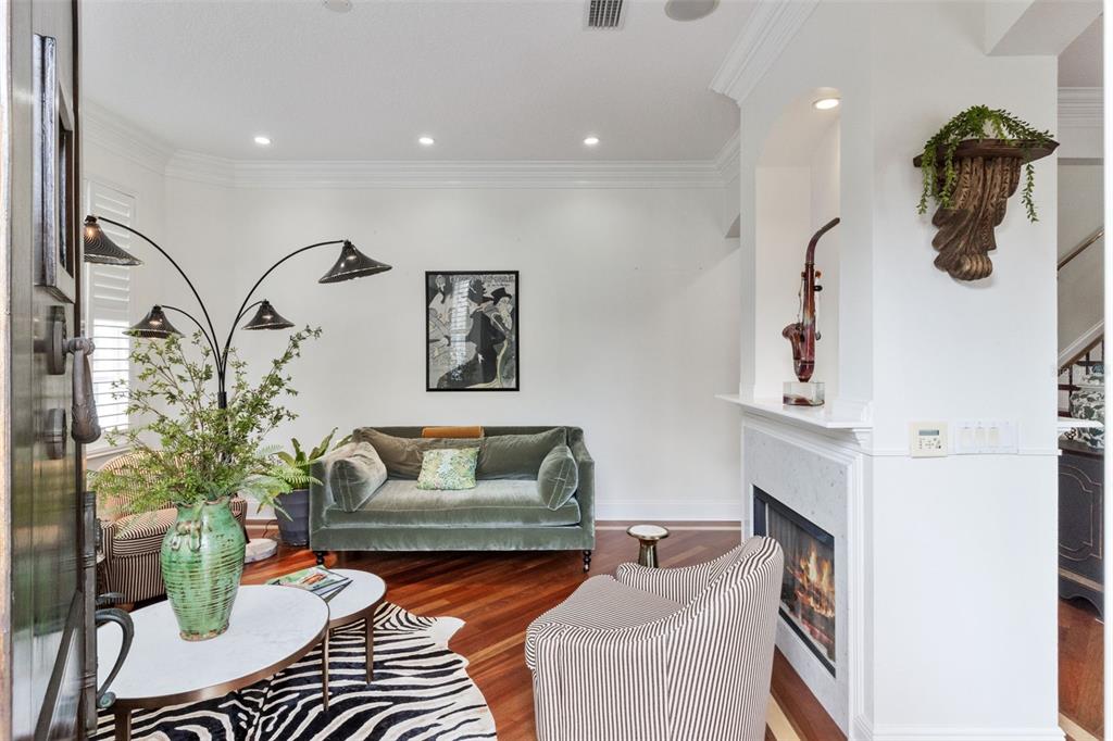 A living room features a green velvet sofa, striped armchairs, a fireplace, and a zebra rug — 2402 VICTORIA GARDENS LANE, TAMPA, FL
