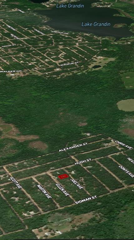 An aerial map view shows a highlighted rectangular property lot surrounded by wooded residential streets — LOT 11 JOEL AVENUE, INTERLACHEN, FL