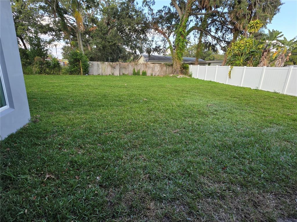 A grassy backyard features a white vinyl fence and mature trees under a clear sky — 1911 W AMELIA STREET, ORLANDO, FL