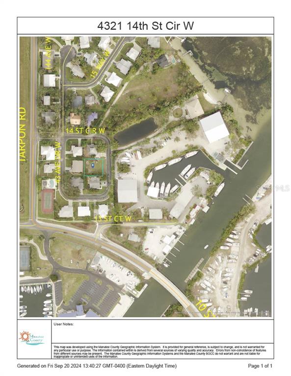 This is an aerial map showing a residential neighborhood and adjacent marina — 4321 14TH STREET CIRCLE, PALMETTO, FL