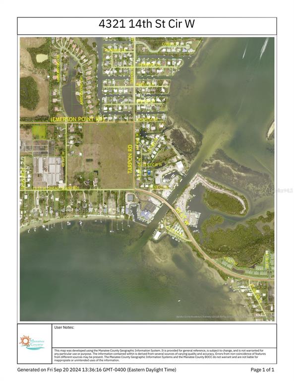 This is a satellite map showing a residential property location near a coastal waterway — 4321 14TH STREET CIRCLE, PALMETTO, FL
