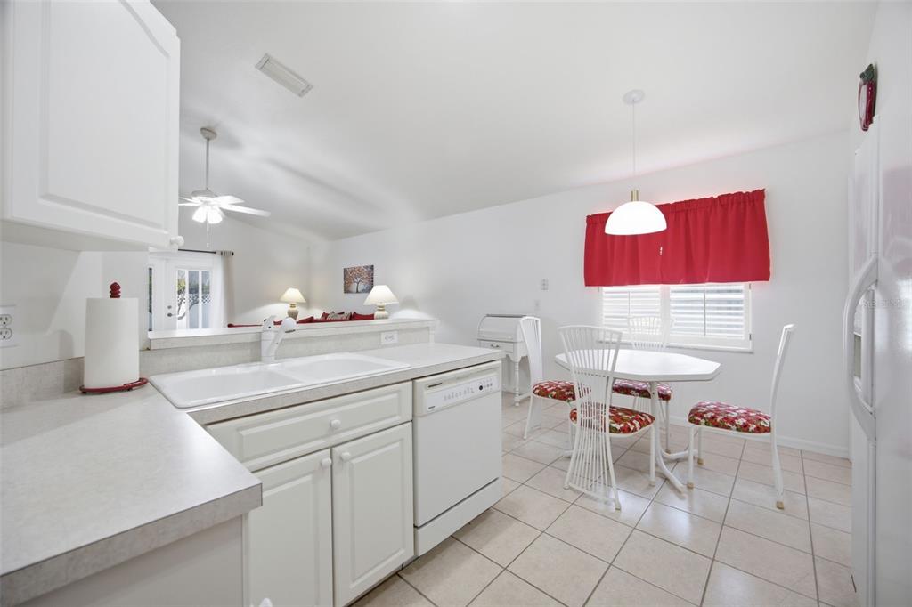 A white kitchen features a double sink, dishwasher, and a small dining area with chairs — 860 ROCKY MOUNTAIN COURT, VALRICO, FL