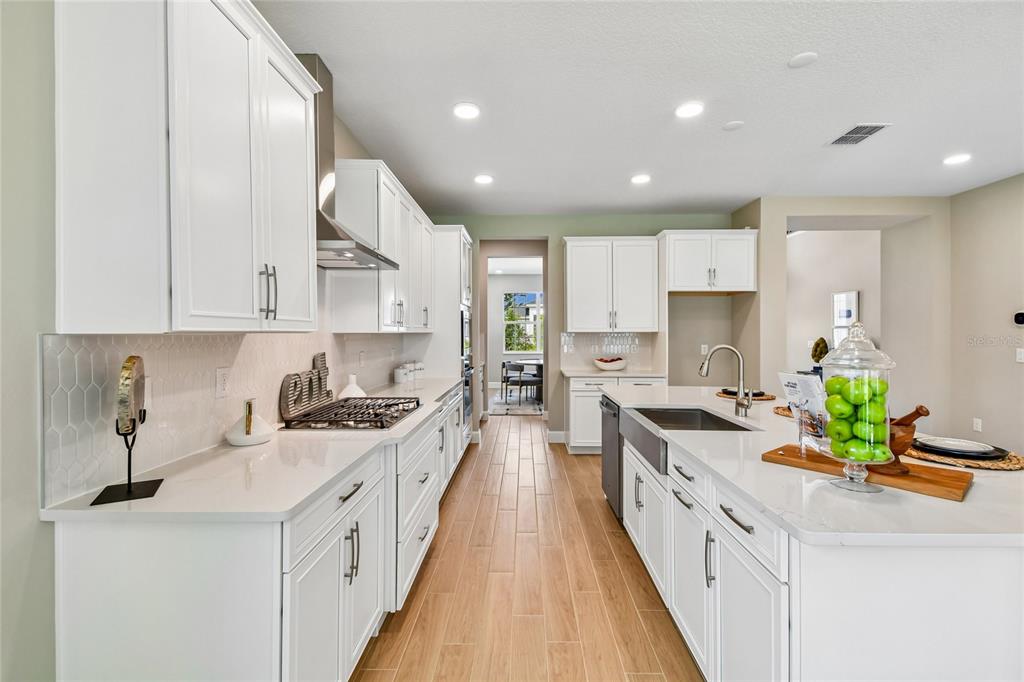 A modern kitchen features white cabinets, quartz countertops, a farmhouse sink, and wood-look tile flooring — 3318 WOLF LAKE AVENUE, APOPKA, FL