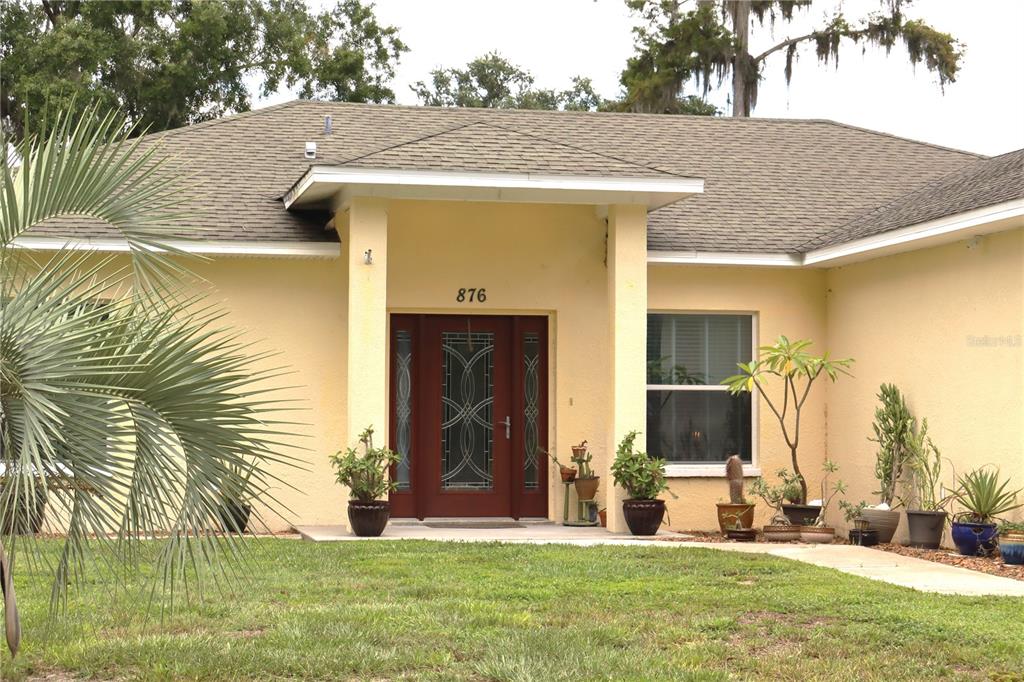 A single-story house with a yellow stucco exterior, a red front door, and a palm tree — 876 CR 467, LAKE PANASOFFKEE, FL
