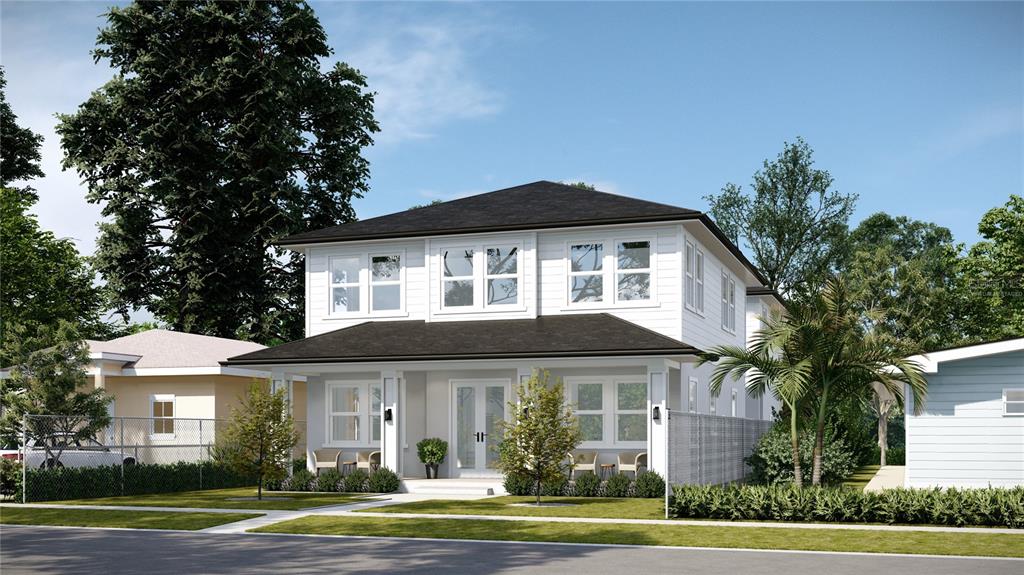 This is a digital rendering of a two-story white house with a covered front porch — 4037 9TH AVENUE S, ST PETERSBURG, FL