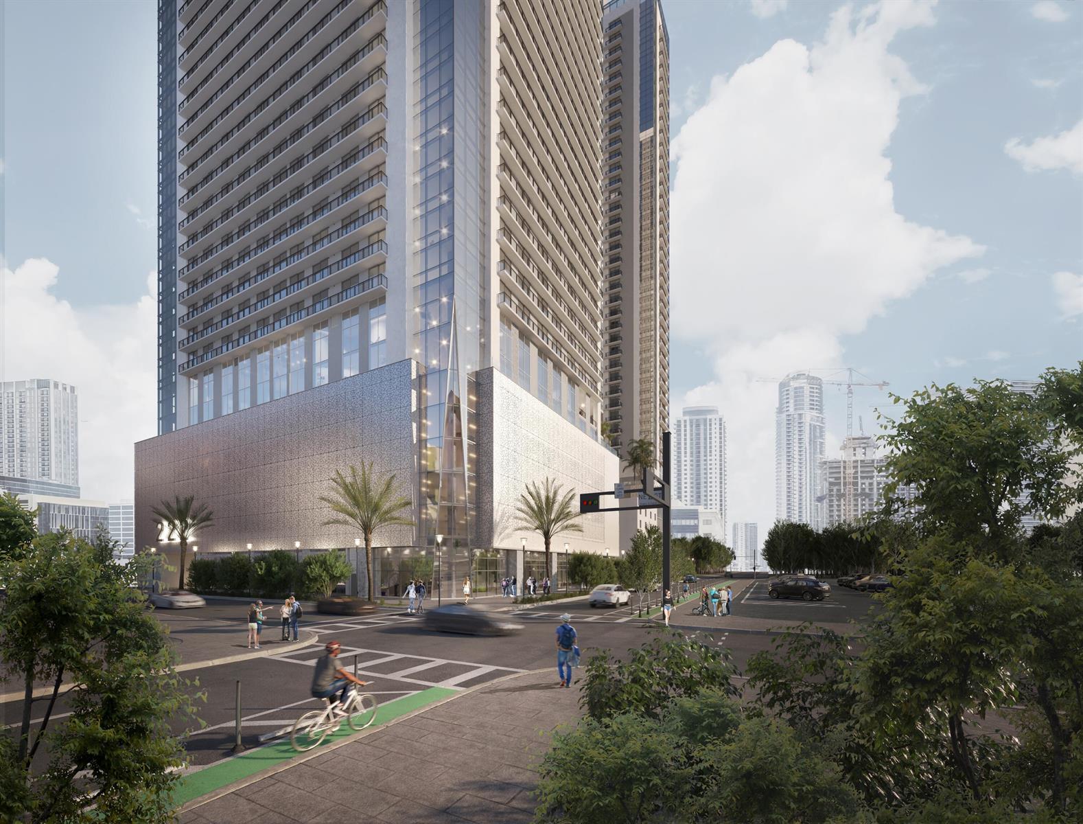 This architectural rendering shows a modern high-rise building with a textured podium and street-level activity — 55 NE 2nd Street # 2013, Miami FL 33132, MIAMI, FL