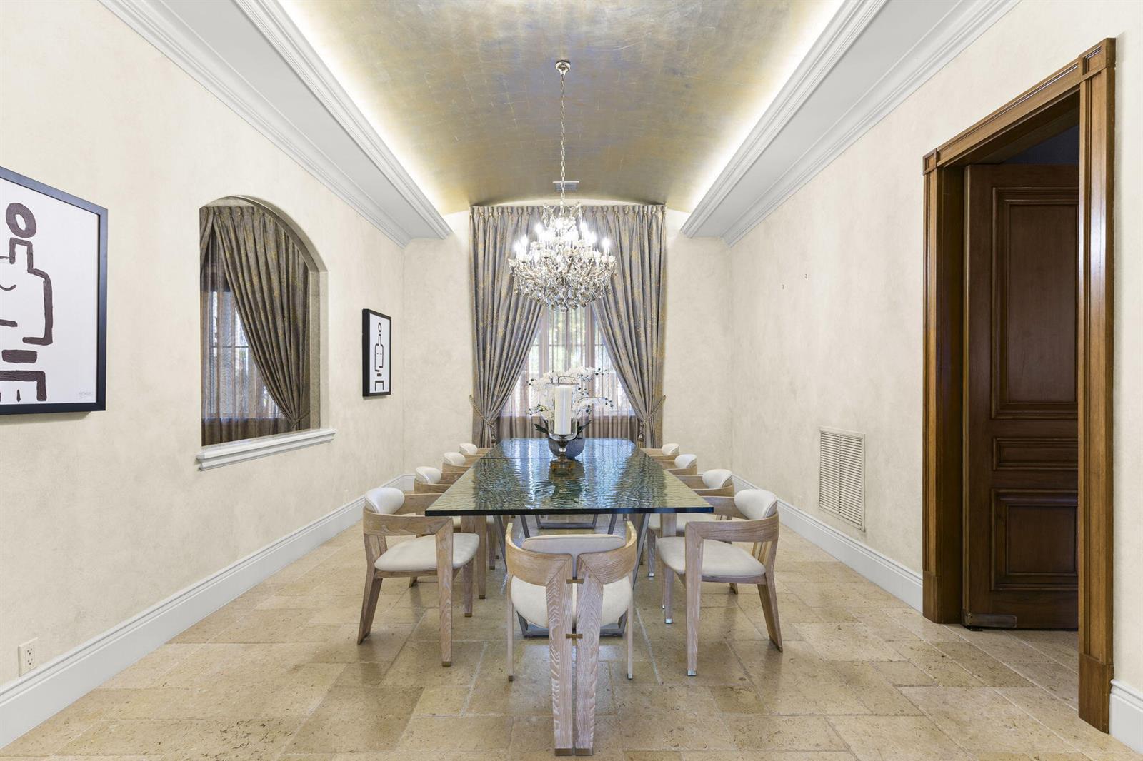 A formal dining room features a glass table, light wood chairs, and a gold-leaf ceiling — 3131 NE 27th Avenue, Lighthouse Point FL 33064, LIGHTHOUSE POINT, FL