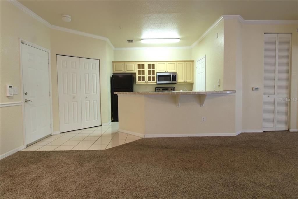 A kitchen with light cabinets and a breakfast bar overlooks a carpeted living area — 3561 CONROY ROAD UNIT 217, ORLANDO, FL