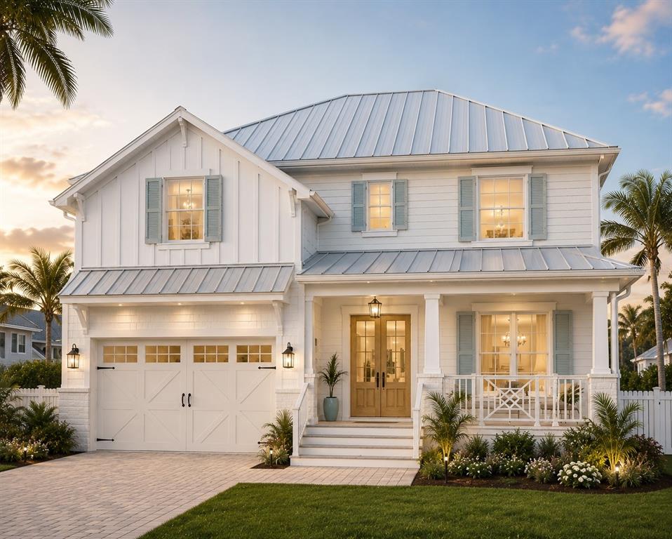 A two-story white house with a metal roof, front porch, and attached two-car garage — 4608 W EL PRADO BOULEVARD, TAMPA, FL