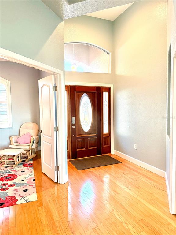A foyer with hardwood floors leads to a wooden front door with a glass insert — 2008 N POINTE ALEXIS DRIVE, TARPON SPRINGS, FL
