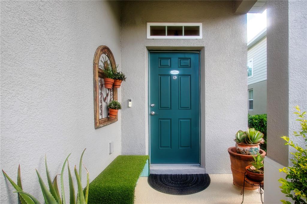 A teal front door with a transom window sits under a covered entryway with plants — 2120 LACEFLOWER DRIVE, BRANDON, FL