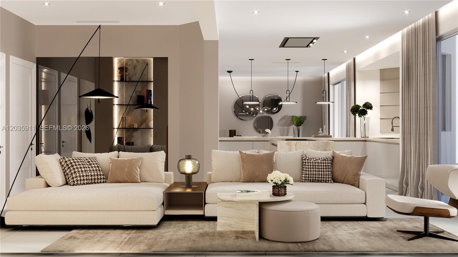 This is a rendering of a modern living room featuring two beige sofas and neutral decor — 3944 194th Trl, Sunny Isles Beach FL 33160, SUNNY ISLES BEACH, FL
