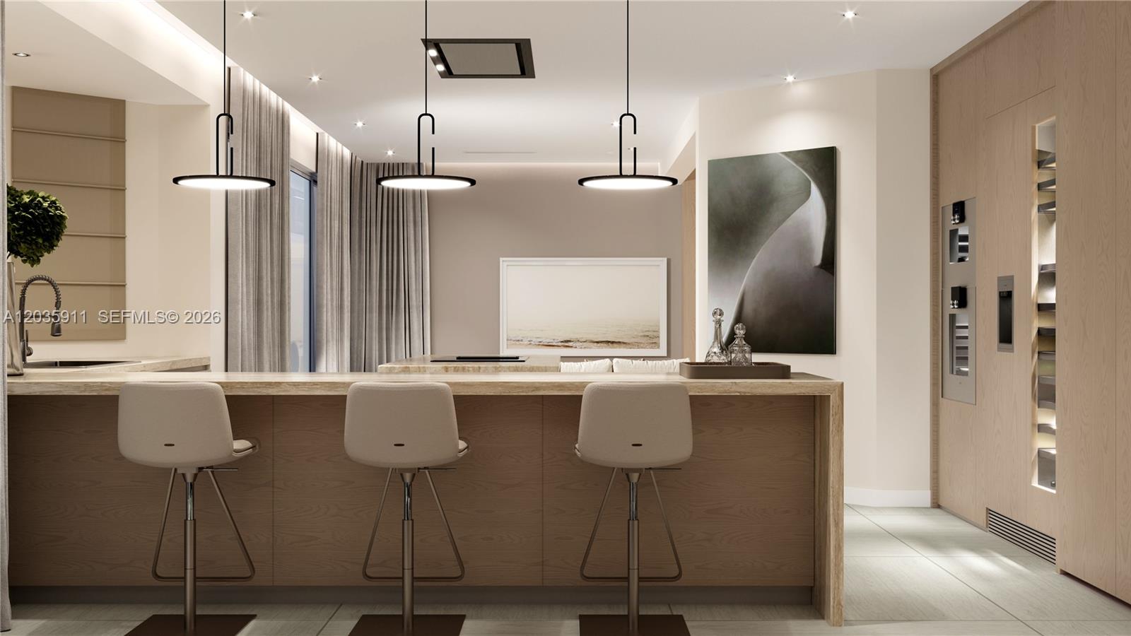 This rendering shows a modern kitchen with a wood-paneled island, bar stools, and pendant lighting — 3944 194th Trl, Sunny Isles Beach FL 33160, SUNNY ISLES BEACH, FL
