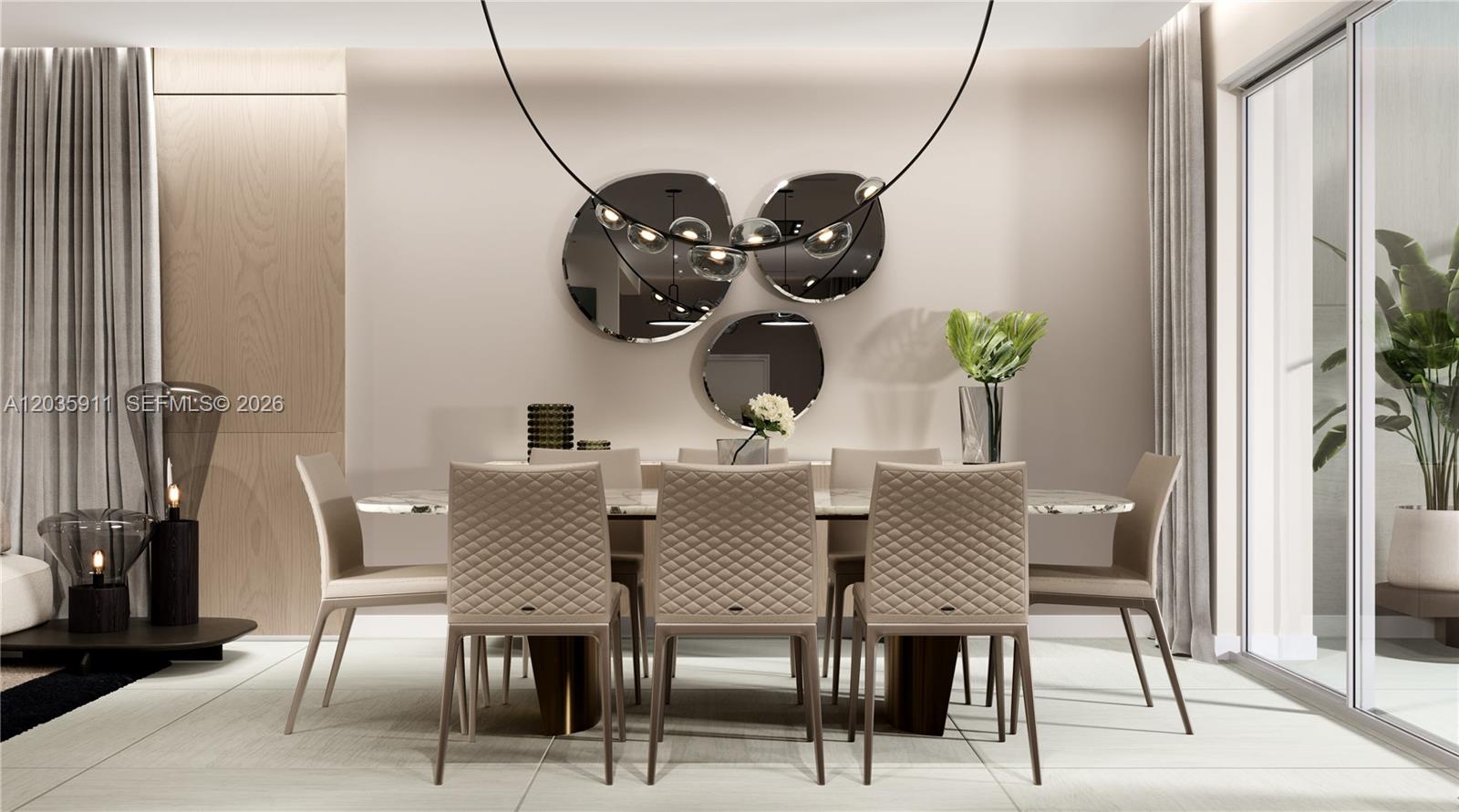 This is a rendering of a modern dining room featuring a marble table and mirrors — 3944 194th Trl, Sunny Isles Beach FL 33160, SUNNY ISLES BEACH, FL