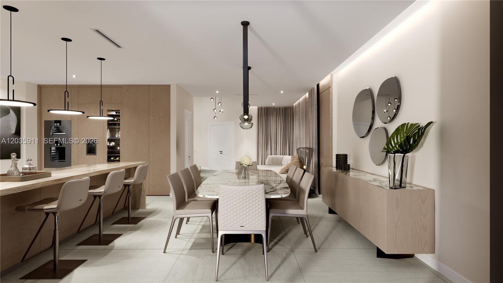 This rendering shows a modern dining room and kitchen area with light wood cabinetry and marble — 3944 194th Trl, Sunny Isles Beach FL 33160, SUNNY ISLES BEACH, FL