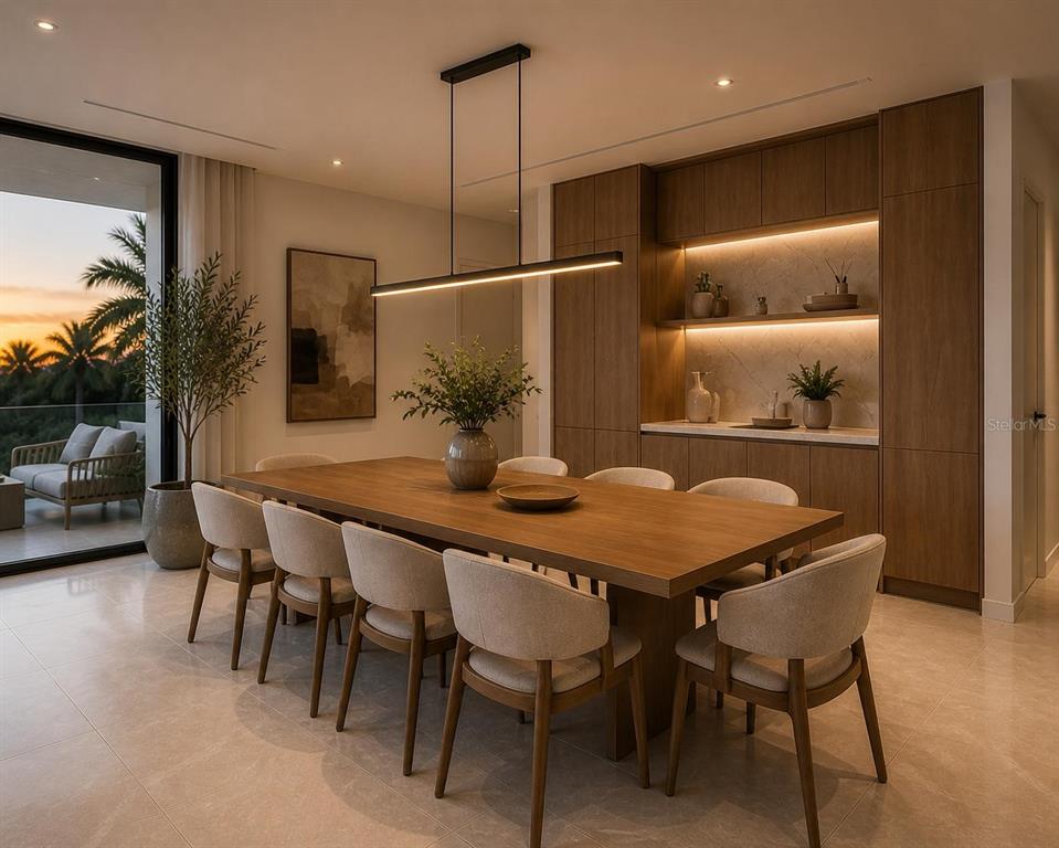 A modern dining room features a wooden table, upholstered chairs, and a built-in bar area — 2068 CALLE ESPANA, SAN JUAN, PR