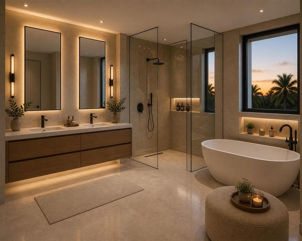This rendering shows a modern bathroom with a double vanity, glass shower, and freestanding tub — 2068 CALLE ESPANA, SAN JUAN, PR