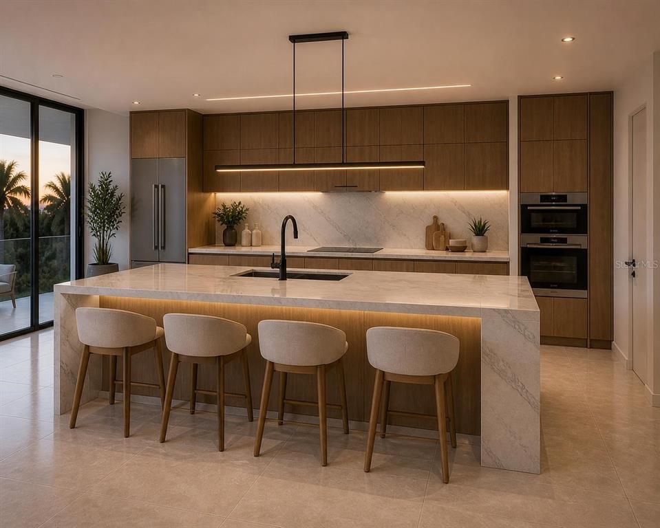 A modern kitchen features a marble waterfall island, wood cabinetry, and a black pendant light — 2068 CALLE ESPANA, SAN JUAN, PR