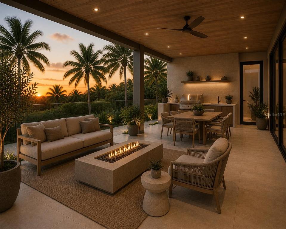 This is a rendering of a modern covered outdoor patio featuring a fire pit, dining area, and kitchen — 2068 CALLE ESPANA, SAN JUAN, PR