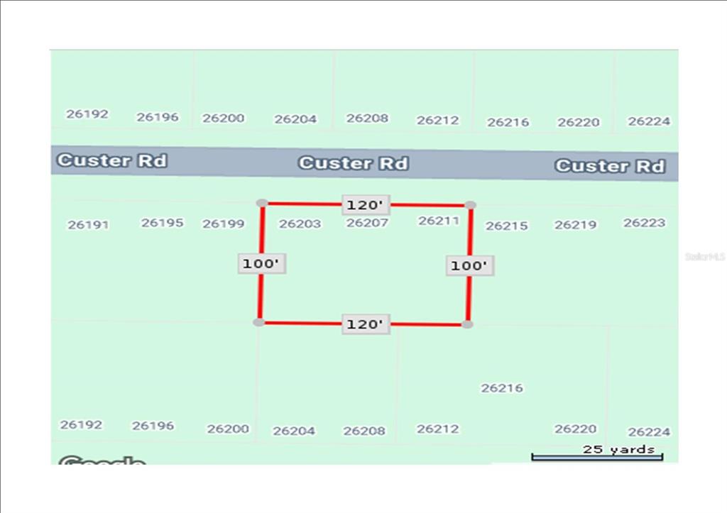 This is a map showing a rectangular property lot with dimensions of 120 by 100 feet — 26203 CUSTER ROAD, PUNTA GORDA, FL