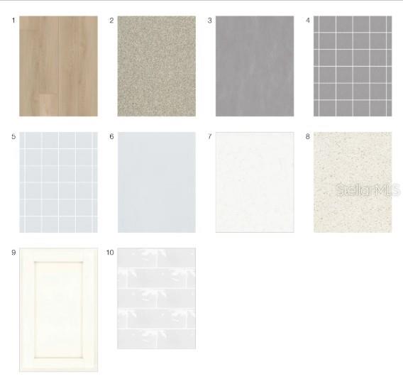 This image is a digital rendering showing ten different material and finish samples for home interiors — 3225 TORTA COURT, BRADENTON, FL