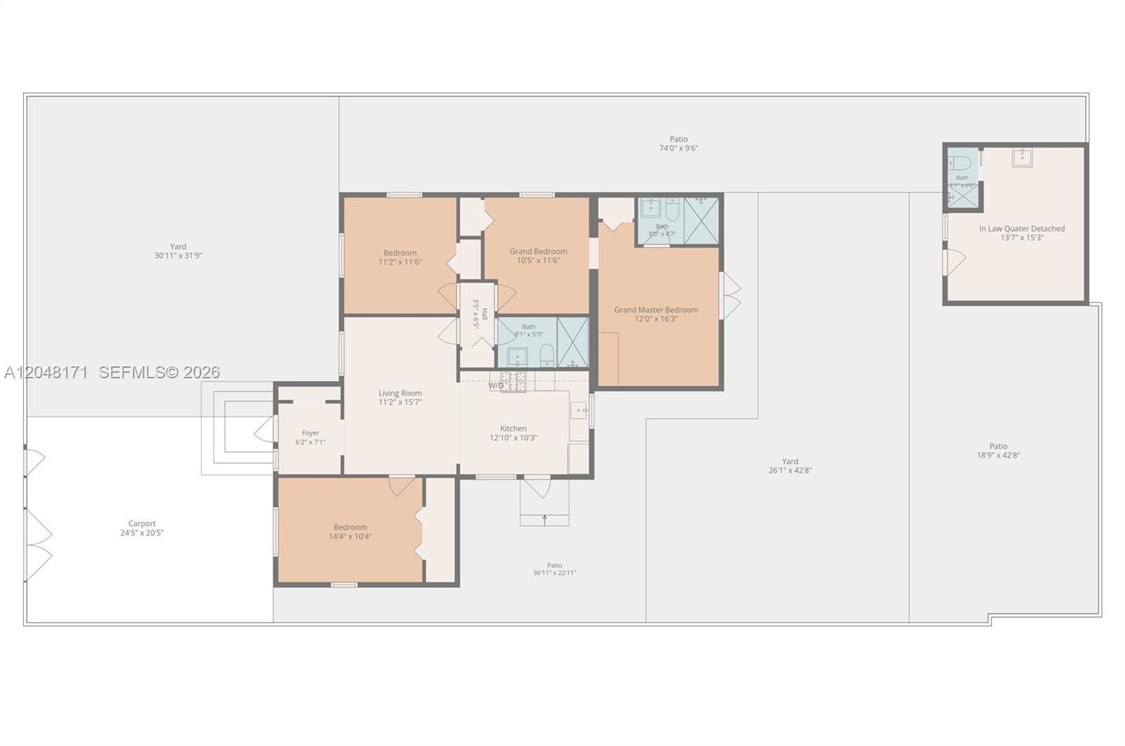 This is a floor plan of a house featuring three bedrooms, a detached unit, and patios — 250 NW 45 ST, Miami FL 33127, MIAMI, FL