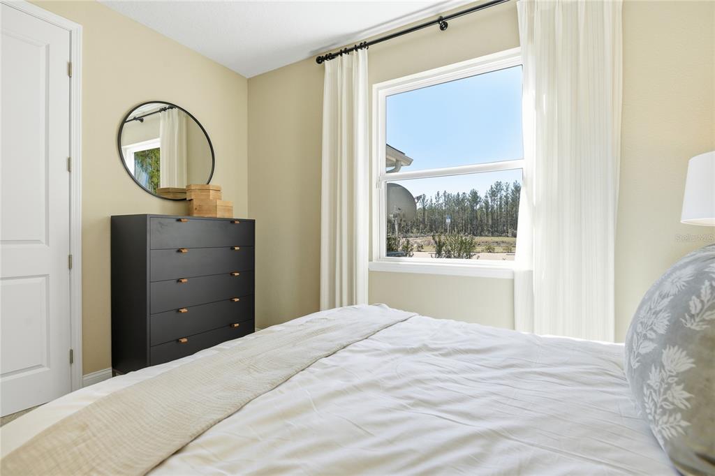 A bedroom features a black dresser, a round mirror, and a window overlooking a forest — 2530 29TH LANE E, PALMETTO, FL